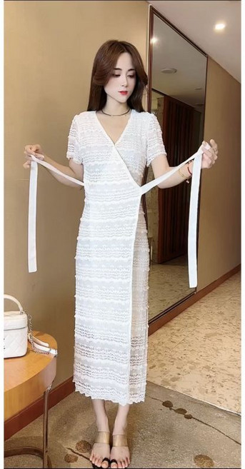 法式V領蕾絲一片式裙子連衣裙女胖mm顯瘦收腰氣質黑色長裙, 白色,S 40.0-47.5公斤, 白色