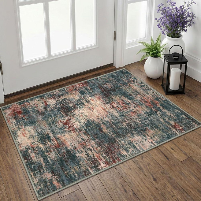Lansny Abstract Small Area Rug 2x3 Entryway Rugs Washable Indoor Door Mat Entrance Distressed Tea