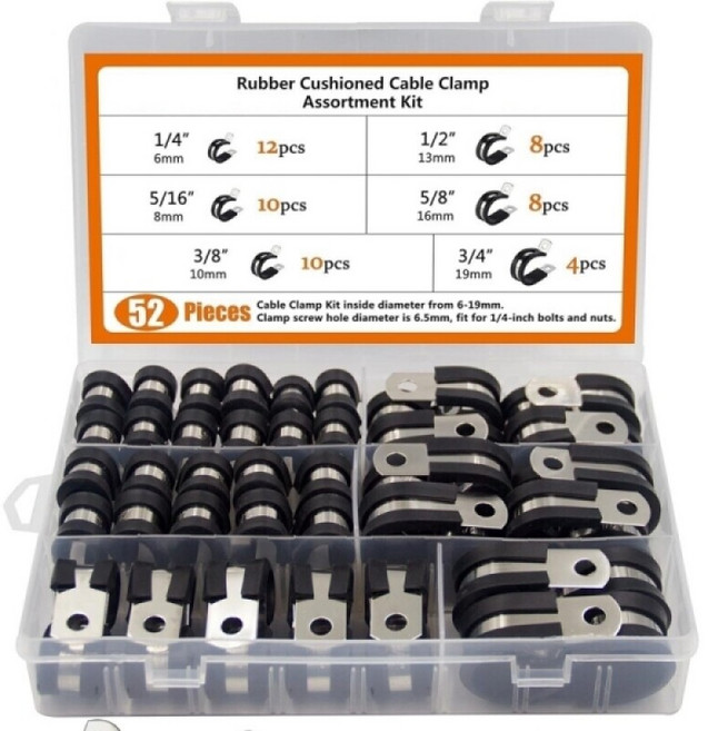 고무패드 전선 케이블 새들 클램프 52PCS 세트 - 304 스테인리스 - 6종 6-19mm - 배선정리 배관 고정용, 1세트