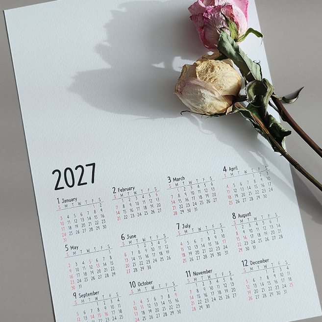[A4 달력DIY] 2027년 벽걸이 연간달력/ 무지 달력/ 달력 캘린더 만들기, A4 연간달력(10장), 우드헹잉 선택안함
