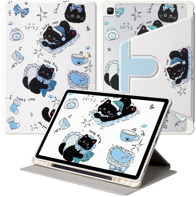 DUNNO 360도 회전 가능 패턴 디자인 아크릴 삼성 탭 케이스, 1개, 6-Graffiti Black Cat