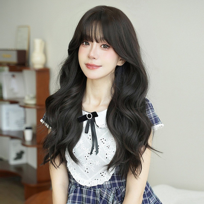 大波浪黑茶色長髮假髮 女子學風微捲, 1個, 假髮