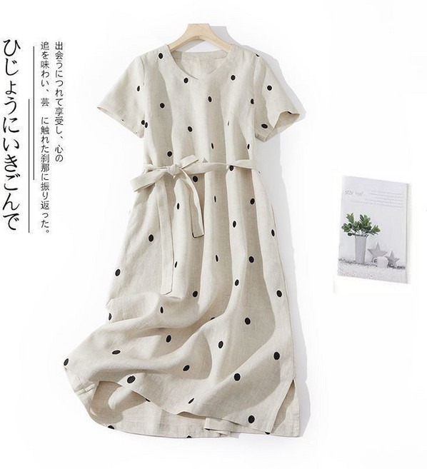 特惠新品 日系原單棉麻連衣裙女系帶收腰顯瘦文藝波點亞麻中長裙, 麻色,XL 建議125-140斤