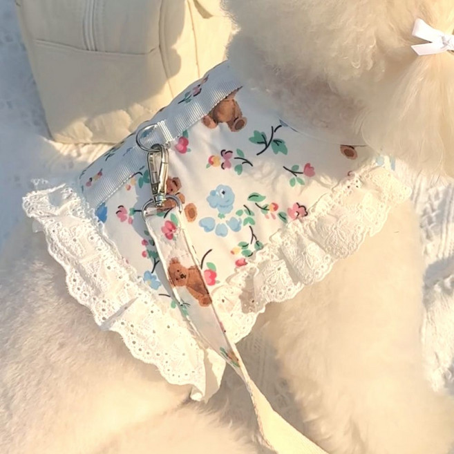 드루피 강아지 소형견 중형견 곰돌이 꽃무늬 하네스 밸크로 가슴리드줄 세트, 1개