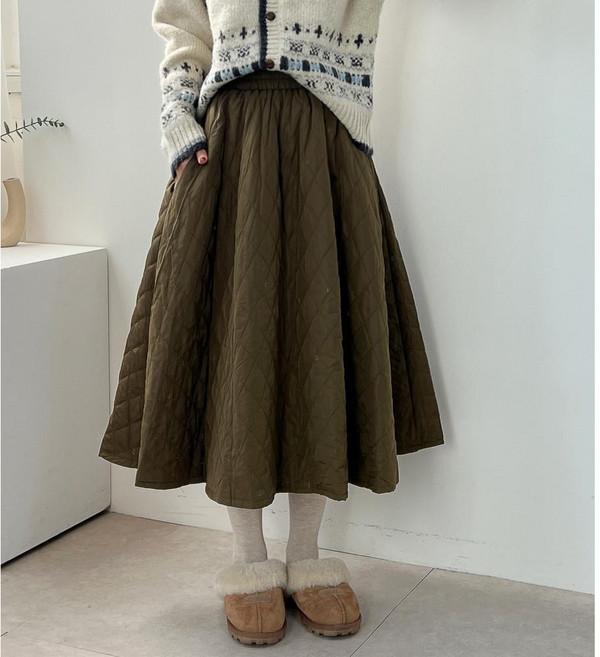 누빔 퀼팅 패딩 플레어 밴딩 겨울 롱 스커트 4color