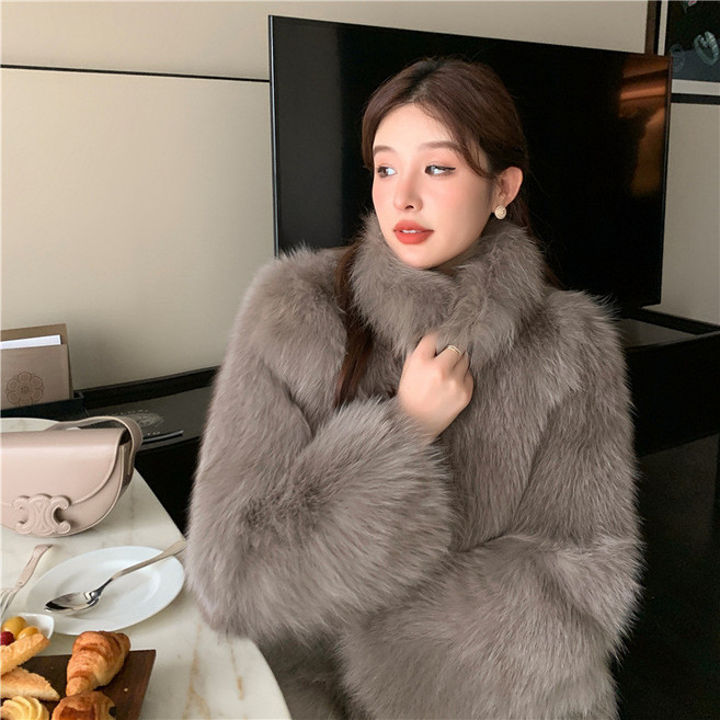新仿狐狸毛時尚皮毛一體短立領加厚外套女