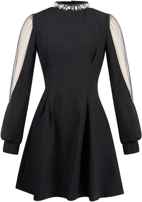 【赫本風顯瘦】小黑裙 連衣裙 長袖連衣裙 秋裝連衣裙 收腰連衣裙 鑲鑽圓領 氣質名媛 2025秋季新款 約會通勤, 黑色