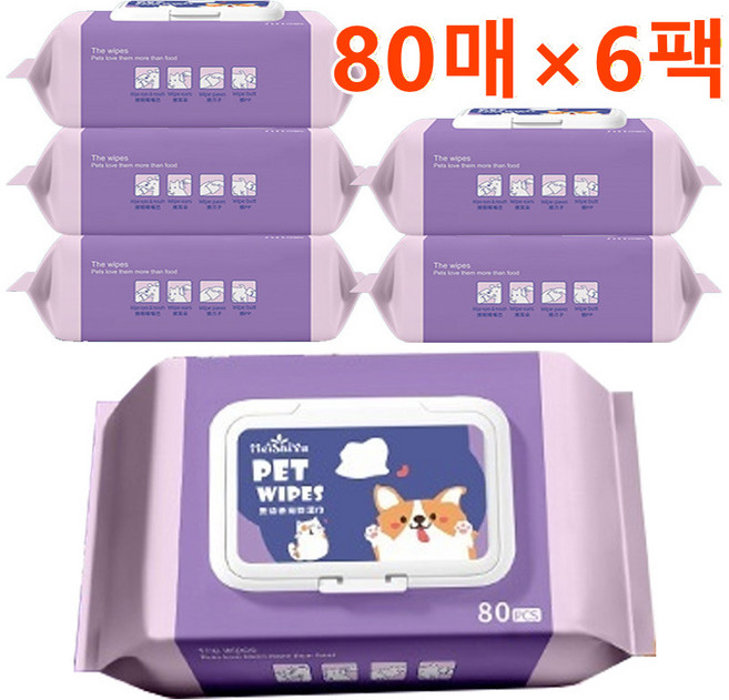 [Korella] 도톰 애완동물 물티슈 탈취율 99.9% 80매*6팩 대용량 냄새잡는 귀와 눈가 눈물자국 제거 반려동물 물티슈 청결 물티슈 저자극 안심 강아지 고양이 펫티슈, 6개, 80개입