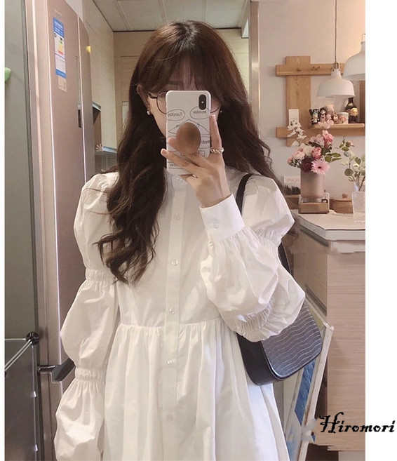 Hiromori 긴팔 원피스 a라인 셔츠 롱스커트 학원풍 선녀 스커트