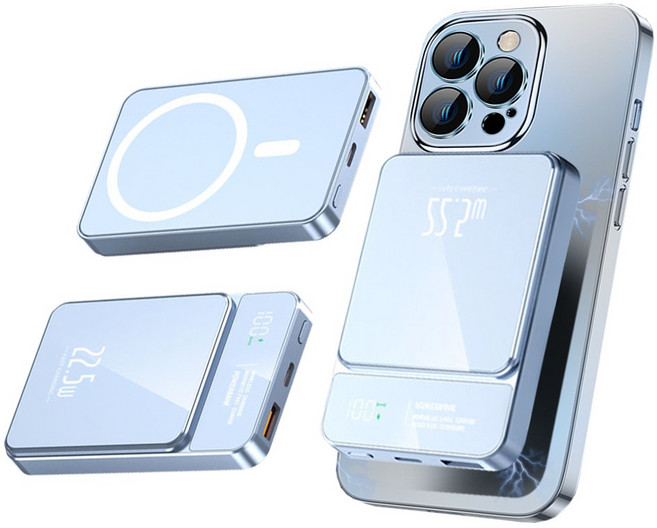 최신 고급 대용량 마그네틱 초고속 유선22.5W 무선15W 휴대용 맥세이프 보조배터리 10000mAh, 블루