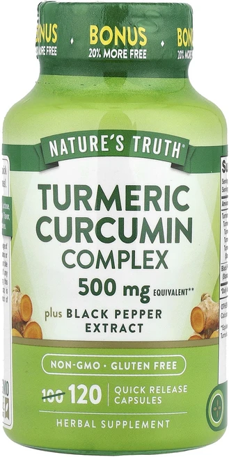 Nature's Truth 강황 커큐민 복합체 플러스 흑후추 추출물 500mg 빠른 방출 캡슐 120정, NaturesTruth강황커큐민복합체플러스흑후추추출물5, 1개 - 쿠팡