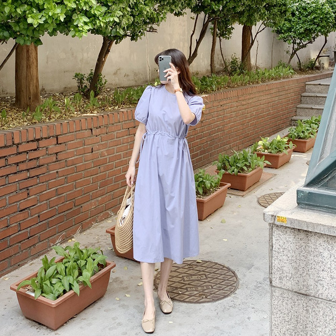 앤샵 [국내생산] 여성 여름 반팔 바스락 링클 퍼프 스트링 롱 원피스 (4color)