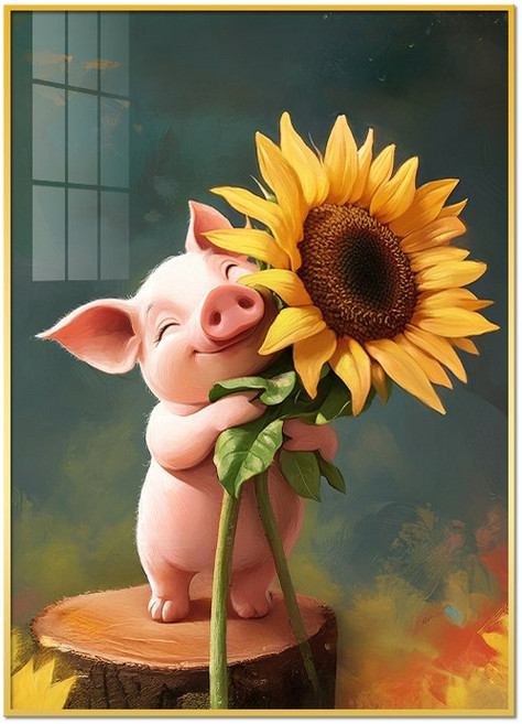 아트블루 돼지와 해바라기의 행복한 조합 행운을 부르는 인테리어 액자, 5. 해바라기를 안고 있는 돼지, 골드메탈