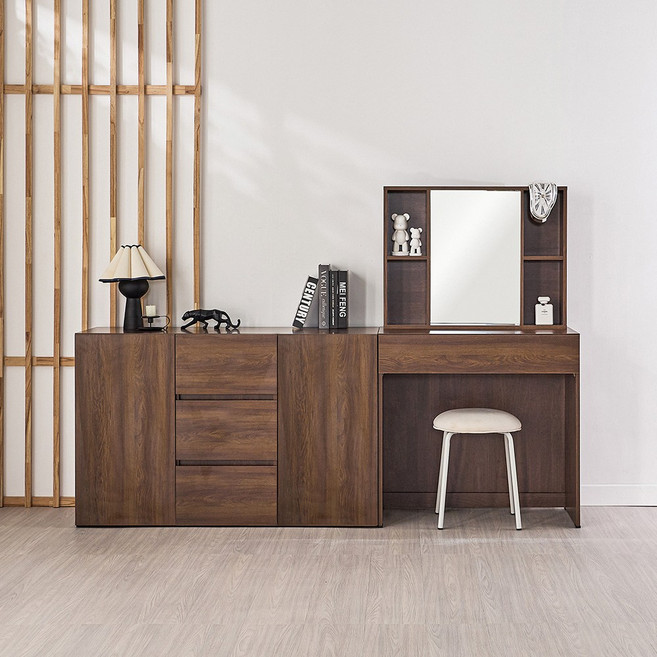 동서가구 미엘 수납거울 화장대 + 1200 2도어 중앙 3서랍 수납장 DF928331, 다크오크