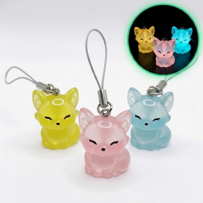 링엔조이 여우 야광 미니 키링, 1세트, 노랑,주황,하늘