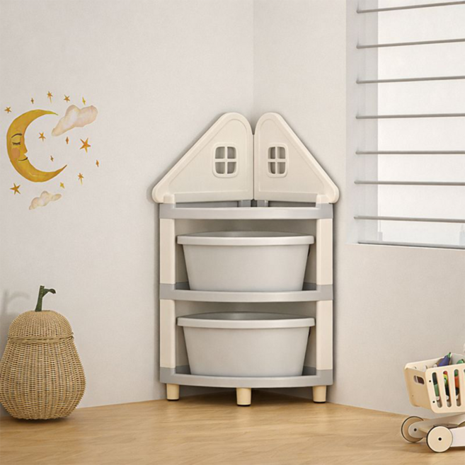 튼튼한 대용량 수납함 하우스 디자인 코너 수납장 분리형 바스켓 장난감 정리함, 1개, 그레이