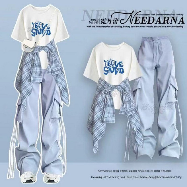 지뢰계 옷 셋업 브랜드 갸루피스 양산형 원피스 의상 패션 일본 코스프레, 블루  반팔블루 바지 2피스