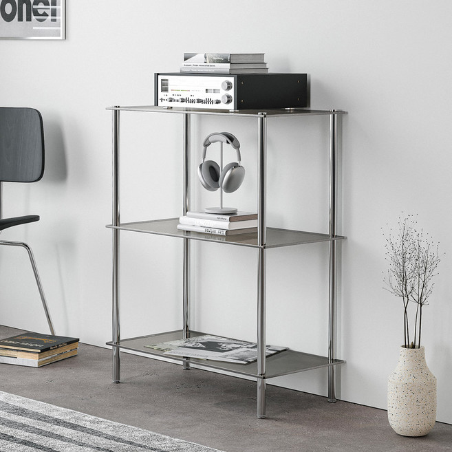 키모 모듈 스테인리스 유리 3단 선반 수납장 협탁, 그레이 유리