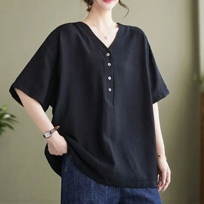 메인워크 중년 여성 빅사이즈 브이넥 반팔티셔츠 여름 엄마룩 스판 냉장고 루즈핏 데일리 기질 패션 슬림핏 시크 아이스 상의