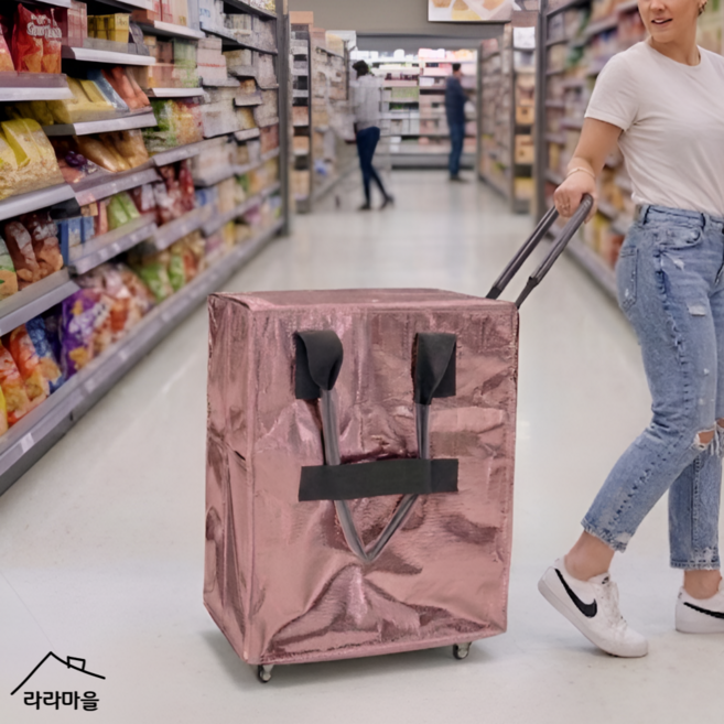 라라마을 접이식 쇼핑카트 대용량 바퀴달린 장바구니 캐리어, 핑크, 1개