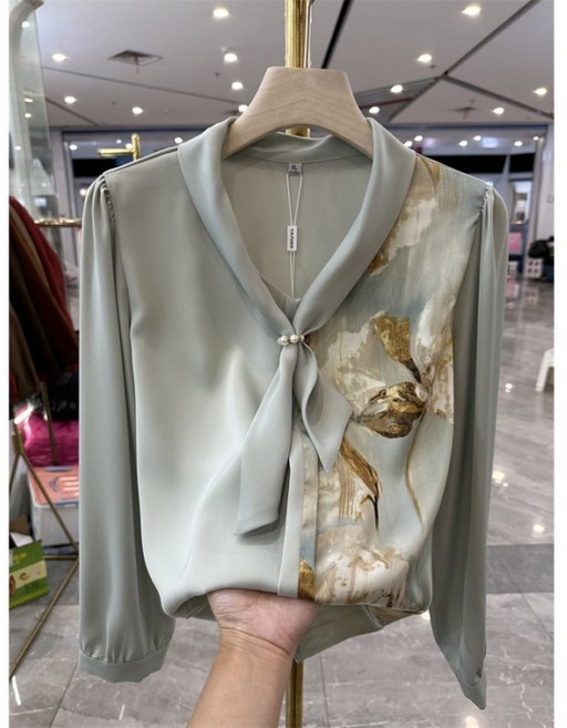 洋氣媽媽裝 V領長袖雪紡襯衫 - 中年新款減齡別緻上衣