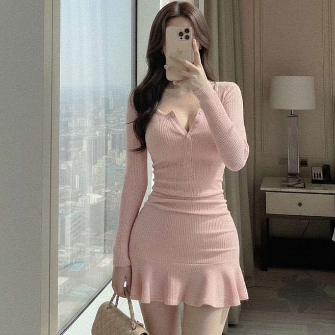 글램디브 칼레린 원피스 오픈단추 미니 골지 AA0327