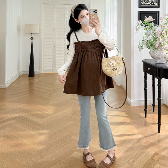 봄 임산부 외출복 캐주얼 페이크 투피스 임산부 긴팔티 라운드 임부 티셔츠 빅사이즈 임부복 긴소매 상의 YSQ