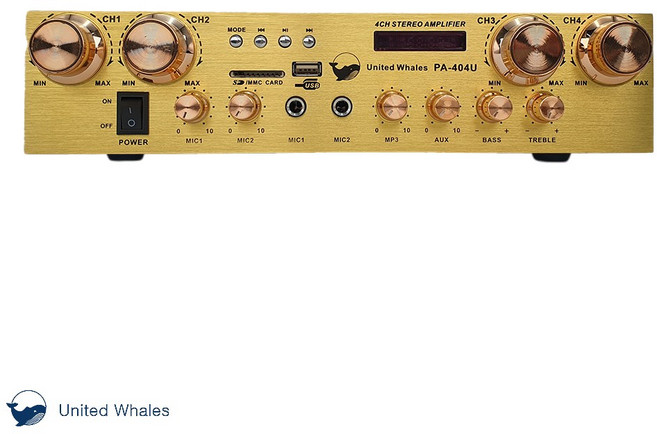 U.W 4채널 블루투스 앰프 PA-404U 카페 매장용 앰프+리모콘+RCA케이블 (골드색상)