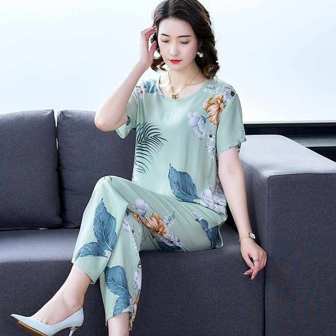 중년 여성 여름 반팔 긴바지 잠옷 세트 심플 면 캐주얼 홈웨어 투피스 중년 엄마 루즈핏 파자마 세트 반팔 코튼 실내복 빅사이즈 WMY