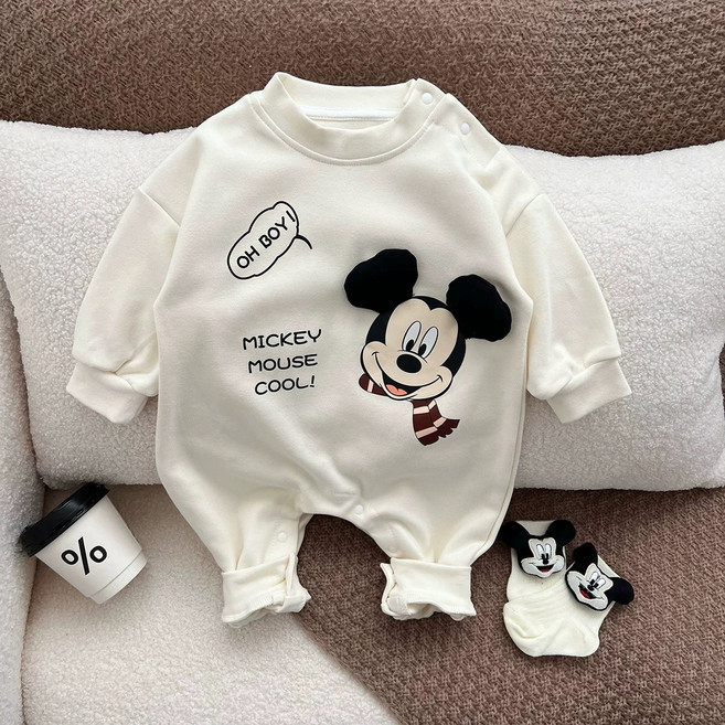 베이비 미키마우스 캐릭터 봄 가을 맨투맨 긴팔 티 바디슈트 애기 외출복 우주복 롬퍼 등원룩 50일 6개월 백일 돌 아기옷