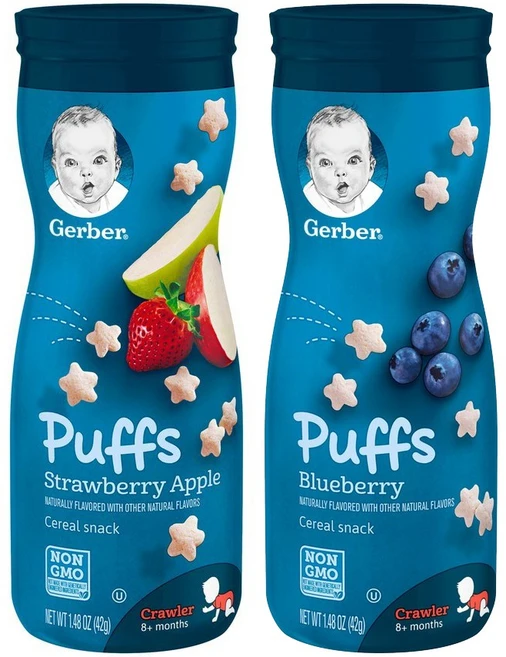 gerber 퍼프 시리얼 스낵 크로어 8+ 먼스 42g, 1세트, 딸기 사과 + 블루베리 - 쿠팡