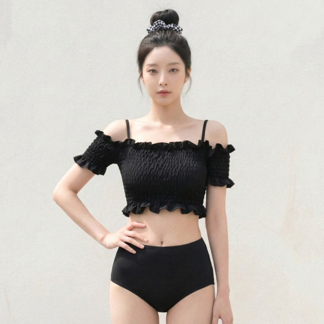 도시도시 여성용 여름 블랙 오프숄더 프릴 하이웨스트 스모크 비키니 수영복