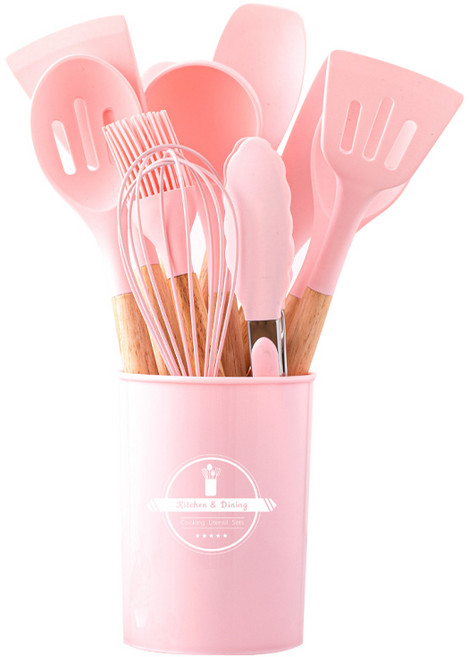 실리콘 주방 조리 도구 12종 세트 수납통 포함, 핑크색, 1세트