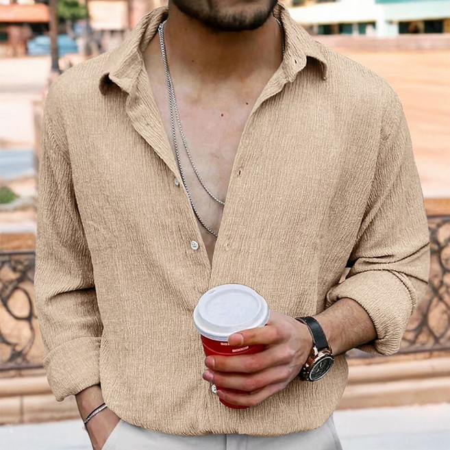 2025亞馬遜速跨境歐美男士新品皺皺布開衫純色休閒翻領長袖襯衫男