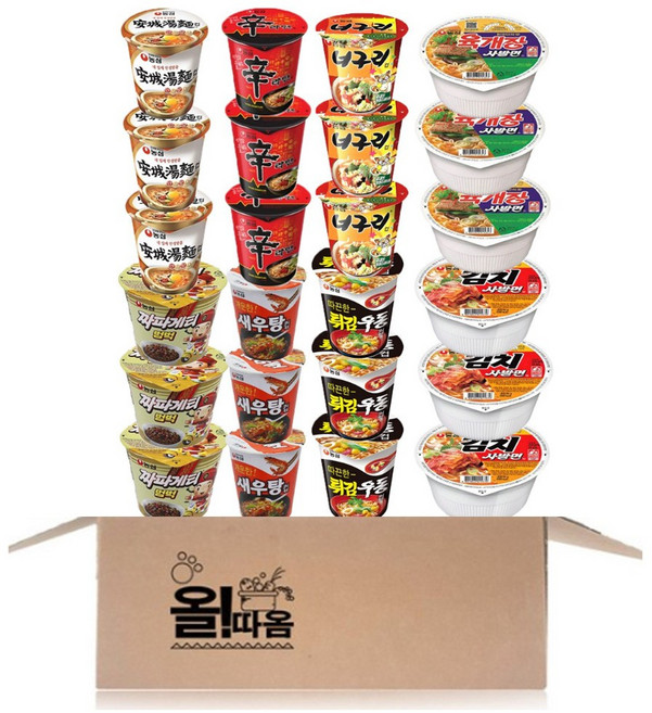 농심 소컵라면 8종 24입 기획세트 7호(신라면3+새우탕3+튀김우동3+짜파게티범벅3+안성탕면3+너구리3+육개장사발면3+김치사발면3), 1박스