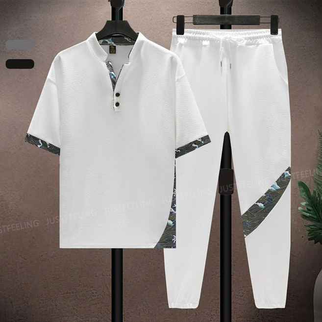 JUSTFEELING 배색라인 패션 남성 개량 생활한복 쿨링 반팔티 헨리넥 반팔셔츠 + 밴딩 와이드 9부팬츠 데일리 남자 운동복 스포츠 상하투피스 M-5XL