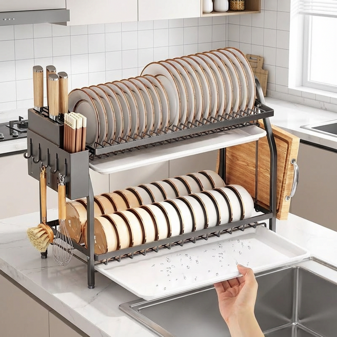 튼튼한 다용도 주방용 그릇 접시 식기 건조대, 1개, 53cm(풀 세트), 2단
