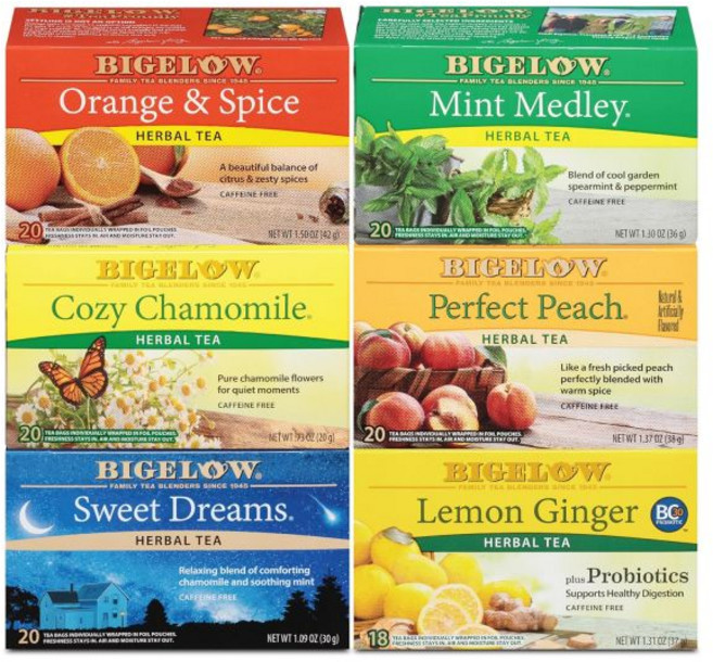홍차 Bigelow Tea 빅터로 차종류 세트 녹차 티 영국 티타임 컨스턴트 코멘트 레몬 리프트 얼 그레이 그린 포근한 카모마일 오렌지 스파이스 민트 메들리 티백 64개입 1팩, 허브차, 118개입 (6팩)