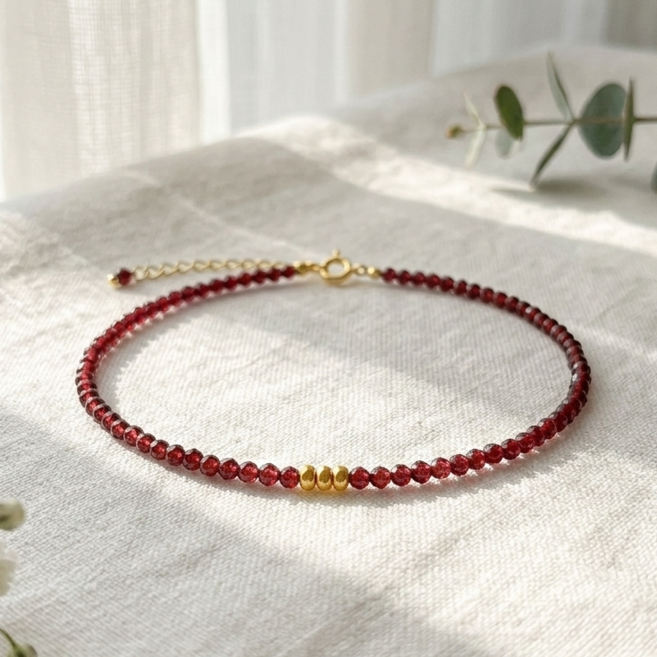 [레브스톤]가넷발찌 석류석 20-23cm 레드 크리스탈 Anklet 1월 탄생석 염주 행운 부적 발찌