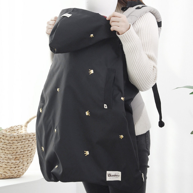 맘네스트 아기띠워머 생활방수 사계절 방풍 바람막이 후드 망토 덮개 KC인증, 워머-4계절-블랙크라운(자수)