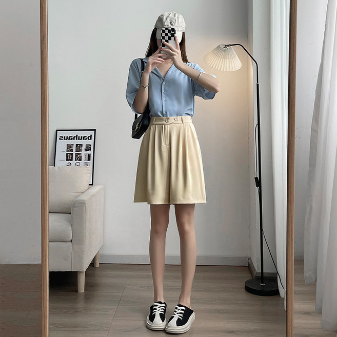 【顯瘦A字】西裝短褲 五分褲 中褲 高腰短褲 休閒褲 通勤褲 薄款寬鬆 雙扣設計 夏季百搭 通勤休閒兩穿