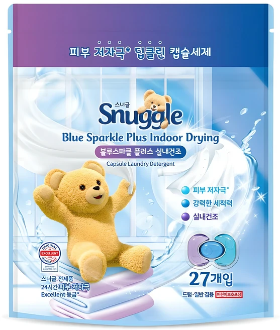 스너글 블루스파클 플러스 실내건조 캡슐세제, 27개입, 1개 - 쿠팡
