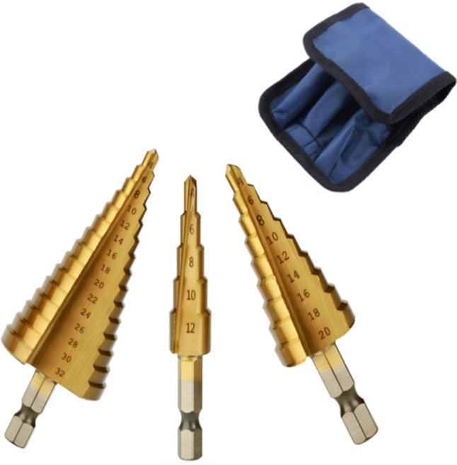 티타늄 코팅 스텝드릴 3종 세트 + 파우치, 1세트