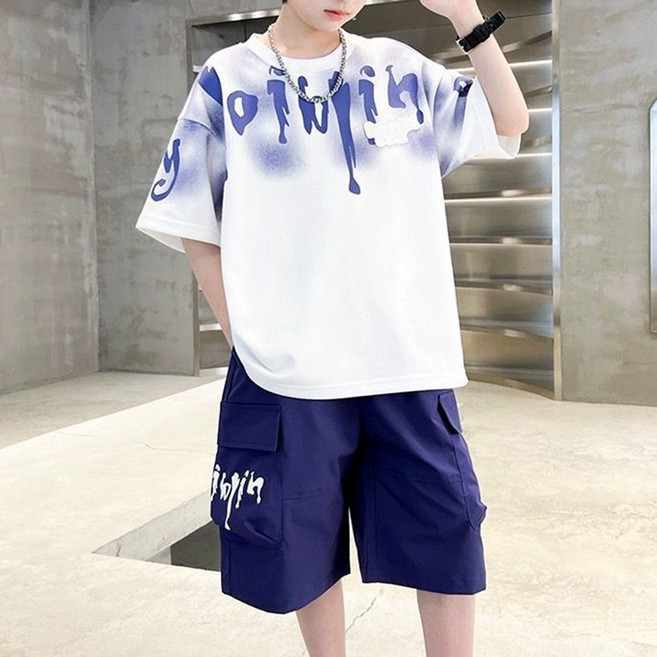 로르카 14세 이상 사용 가능 아동용 프린트 반팔 티셔츠 반바지 캐주얼 스포츠 트레이닝 세트 V01033033