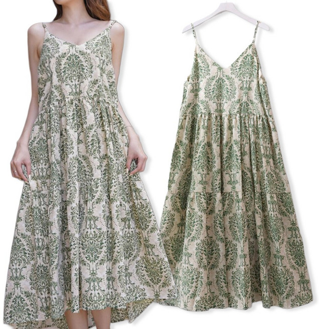 메리앤유 보태닉 패턴 끈 나시 플레어 원피스 휴양지 리조트