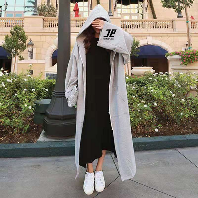 봄가을 여성 플러스사이즈 빅사이즈 넉넉한 핏 개방형 풀오버 코트 후드 디자인 무릎 넘는 길이 원피스 스타일 외투