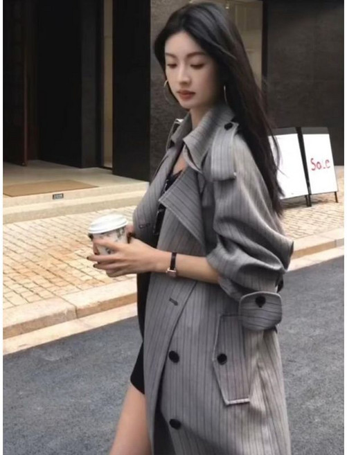 韓系條紋風衣外套女春季寬鬆繫帶中長款大衣