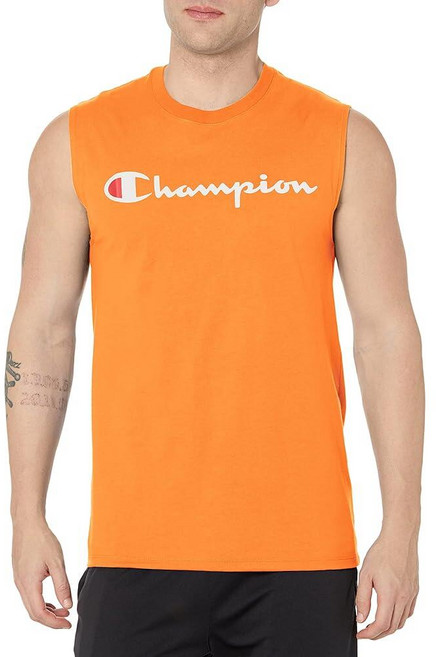 Champion 남성용 클래식 저지 탱크 스크립트 로고 네이비 - M 353813, 표준, 카프리 오렌지 스크립트