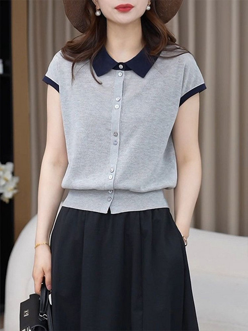 撞色翻領短袖針織衫 開衫薄款夏季時尚氣質上衣