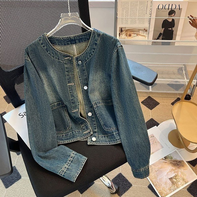 ROYALBELLE 여성 데님 노카라 버튼 크롭 긴팔 루즈핏 캐주얼 자켓 K0030210